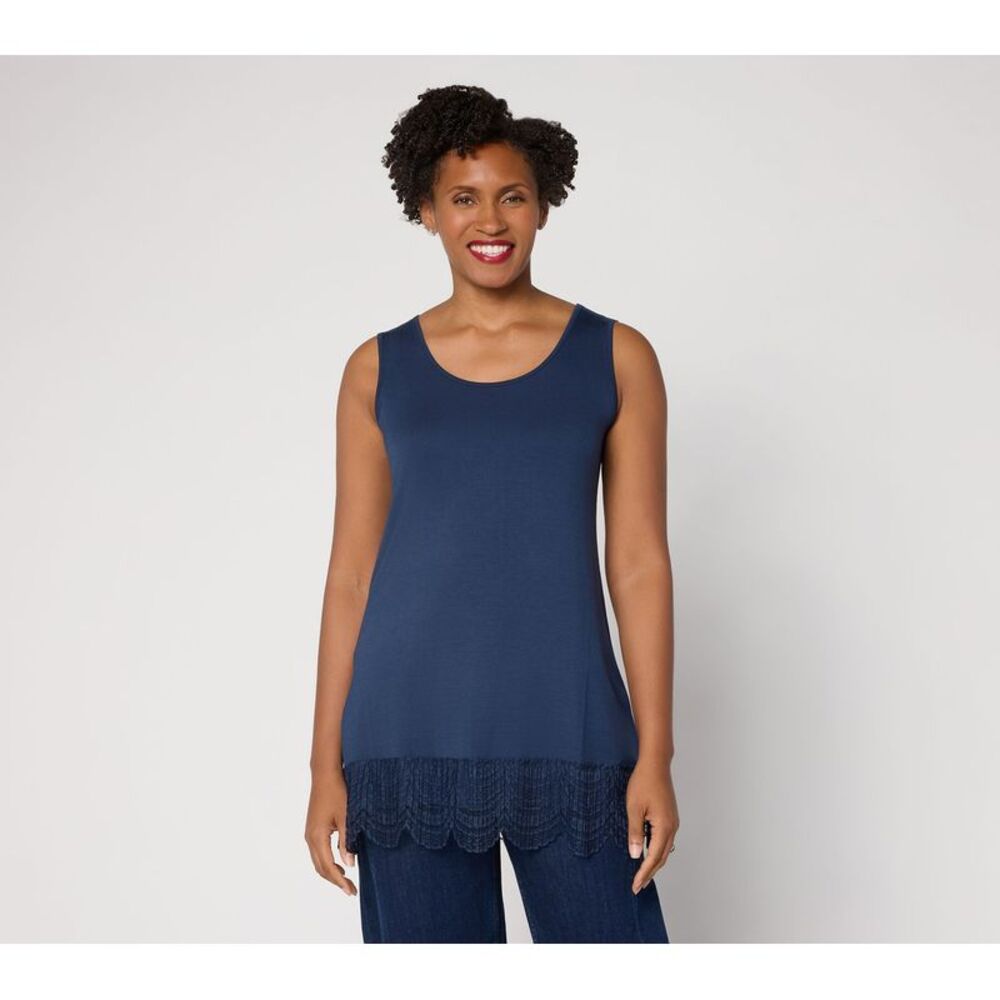 Liberare Women's Top Plus Sz 2X Knit Tank Lace Trim Blue A683829